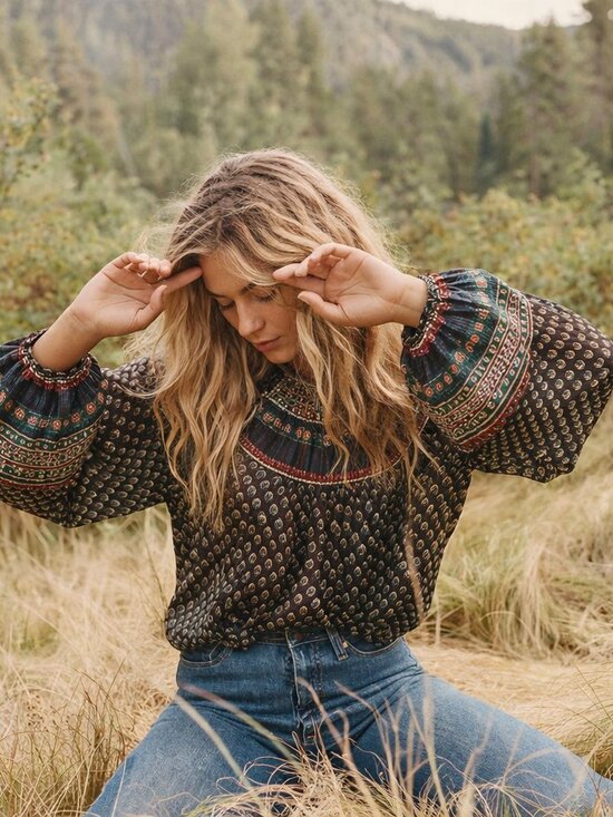 Doen Tops - Doen Manzanita Blouse Size Medium 100% Silk Navy Blue Black Top Boho